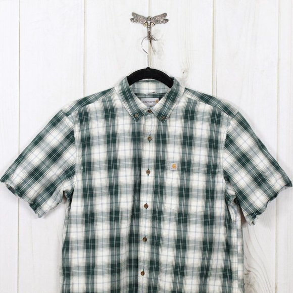 Carhartt Green Plaid Relaxed Fit Short Sleeve Button Down Shirt Size L - Picture 2 of 11
